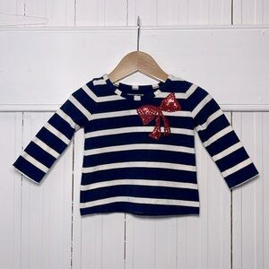 EUC 100% Cotton Black White Striped Red Sequin Bow Long Sleeve Shirt